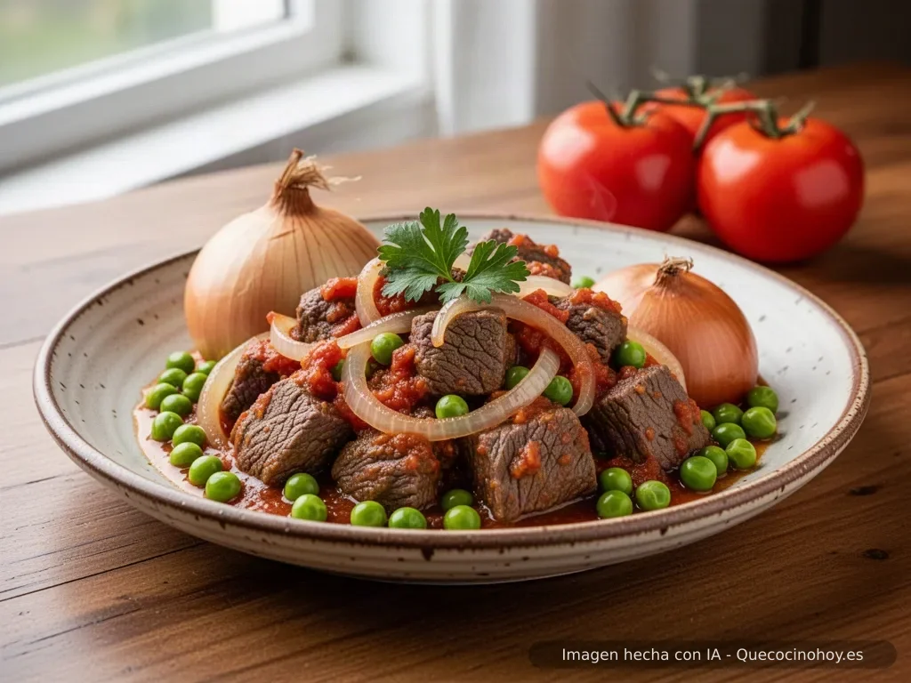 Receta de ternera guisada con cebolla y tomate